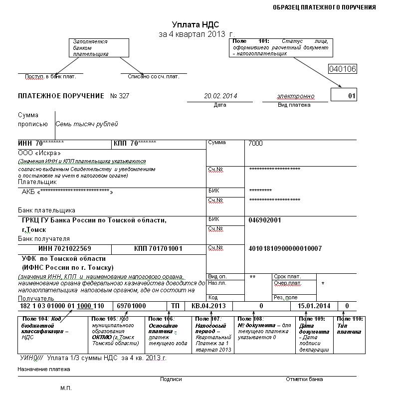 Образец платежки с полями
